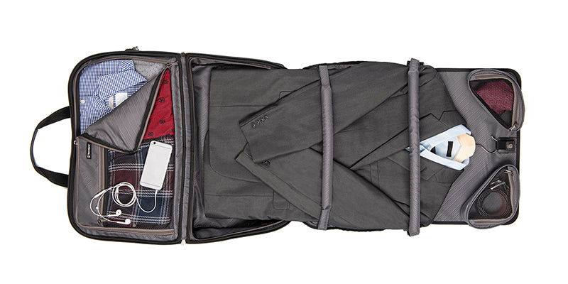 Crew Versapack weekender duffel open showcasing suiter